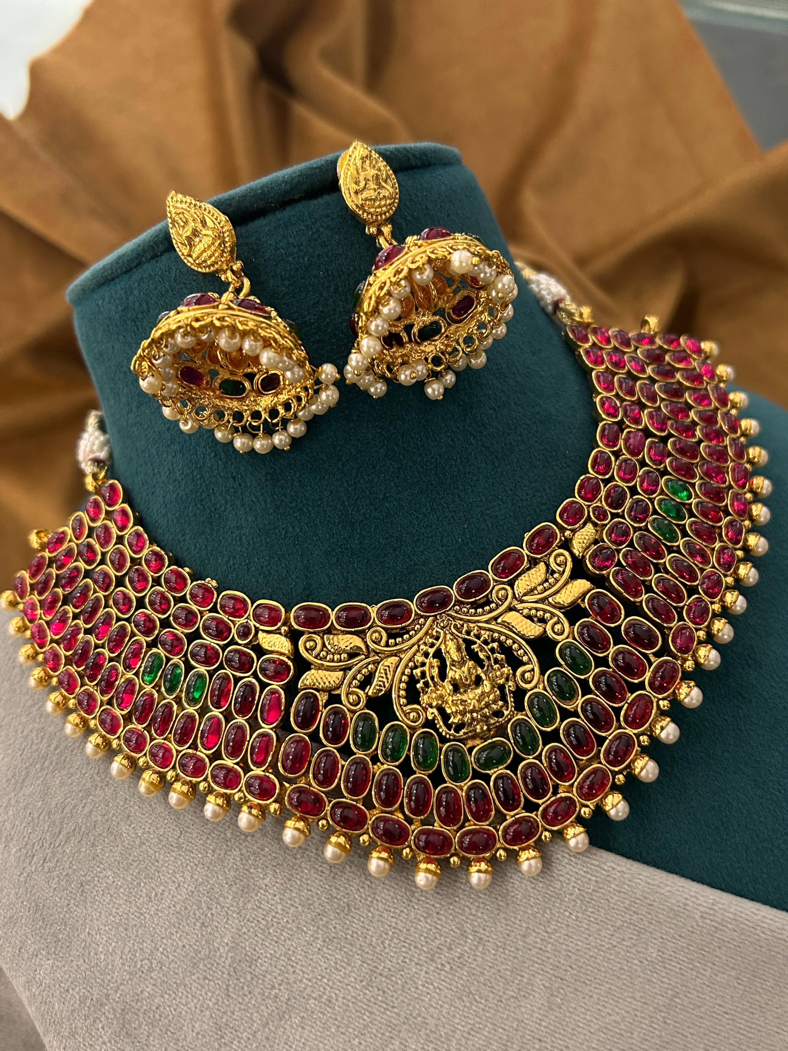 Heavy Lakshmi Temple Choker Set with Ruby-Green Stones & Pearl Drops